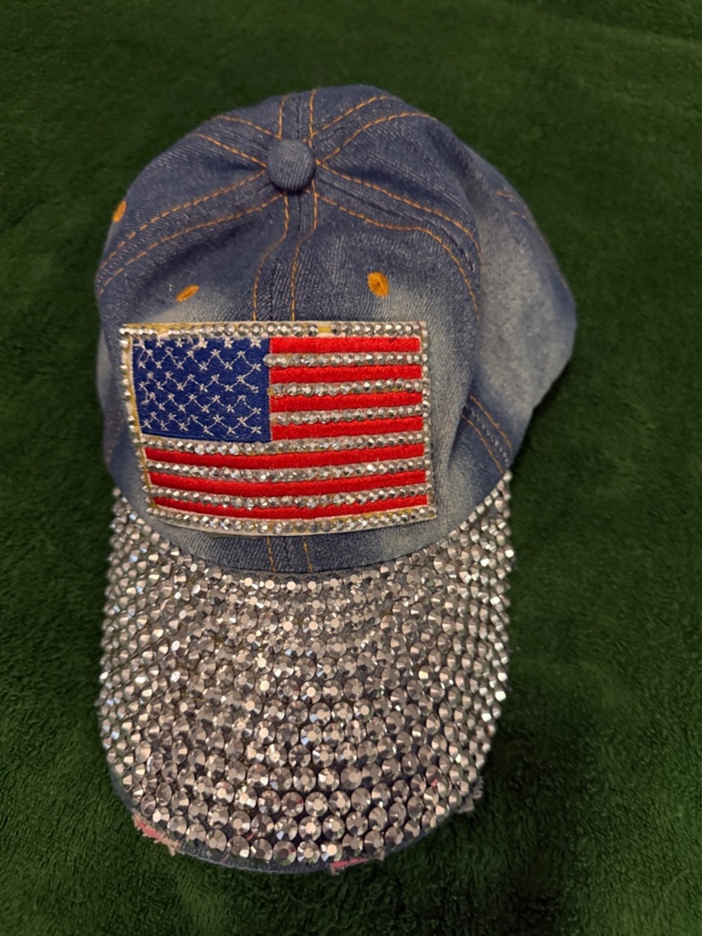 Denim Rhinestone Baseball Cap with American Flag Patch